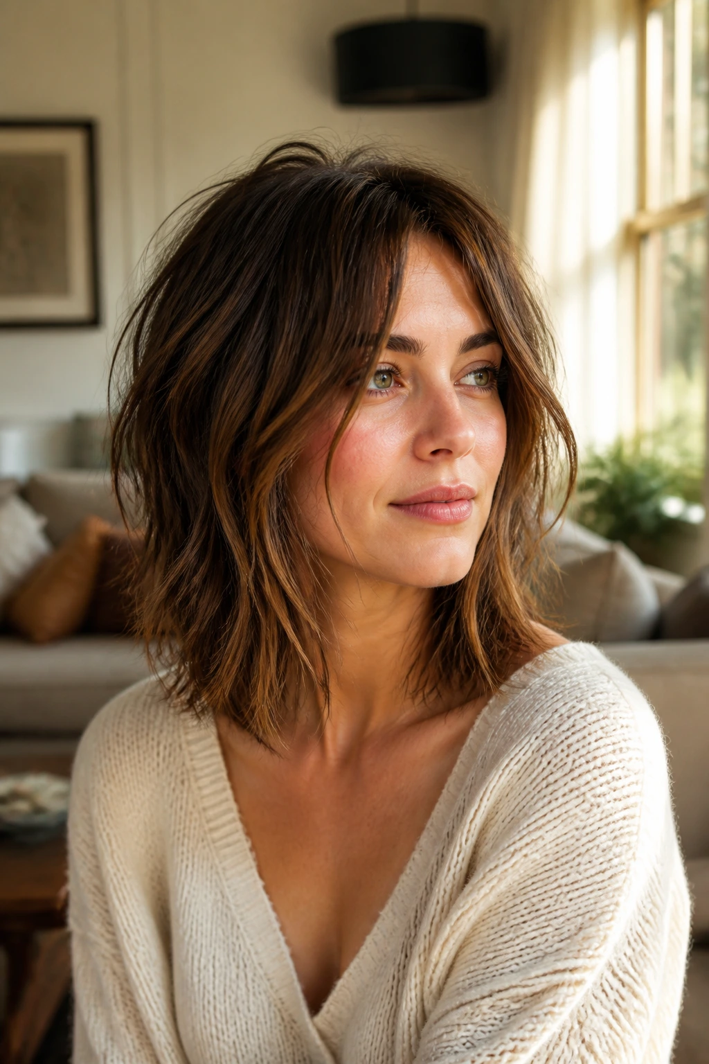 Close-up portrait of a real woman with a piecey lob-length shag forming a curtain around her face in warm window light.