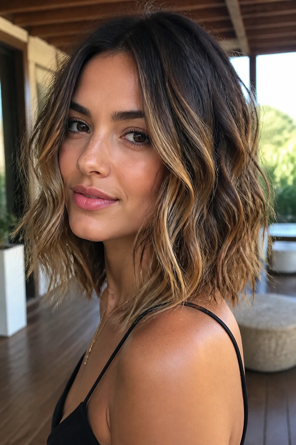 Close-up of a real woman with a lob and beachy waves.