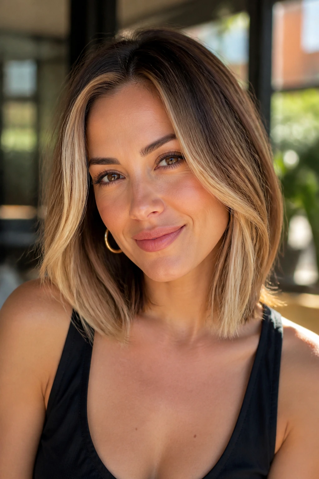 Real woman with a long bob and face-framing highlights in a sunlit space.