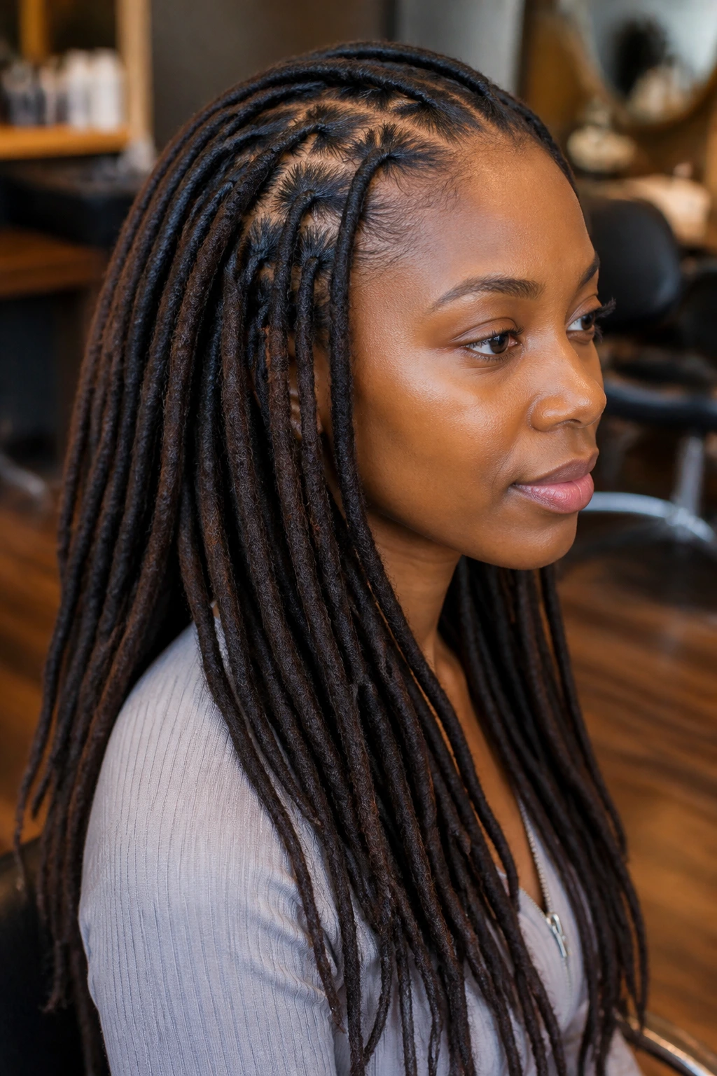 Portrait of a woman with loc extensions in a chic salon