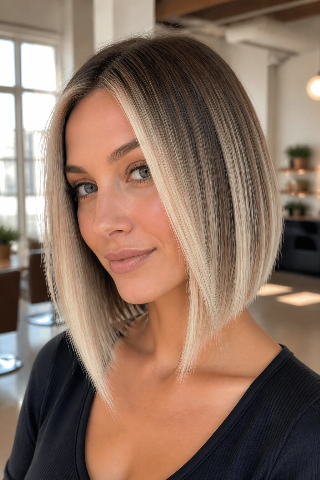Portrait of a woman with a long A-line bob and platinum face-framing ribbons in a bright salon.