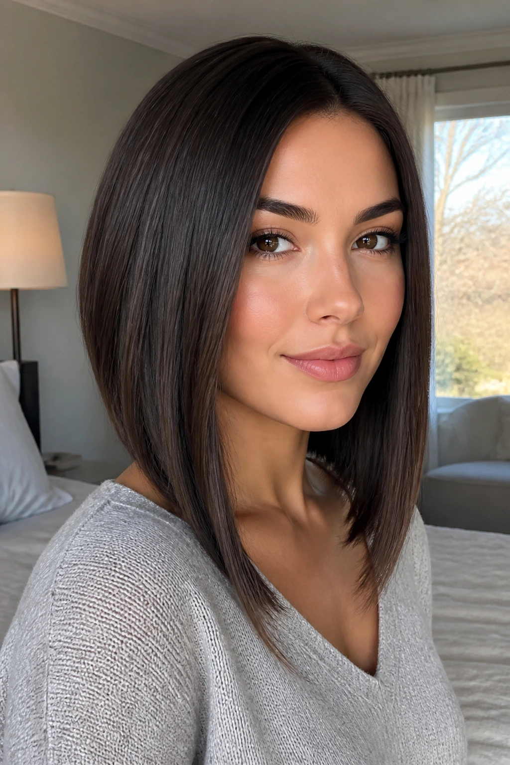 Close-up portrait of a real woman with a long angled lob hairstyle