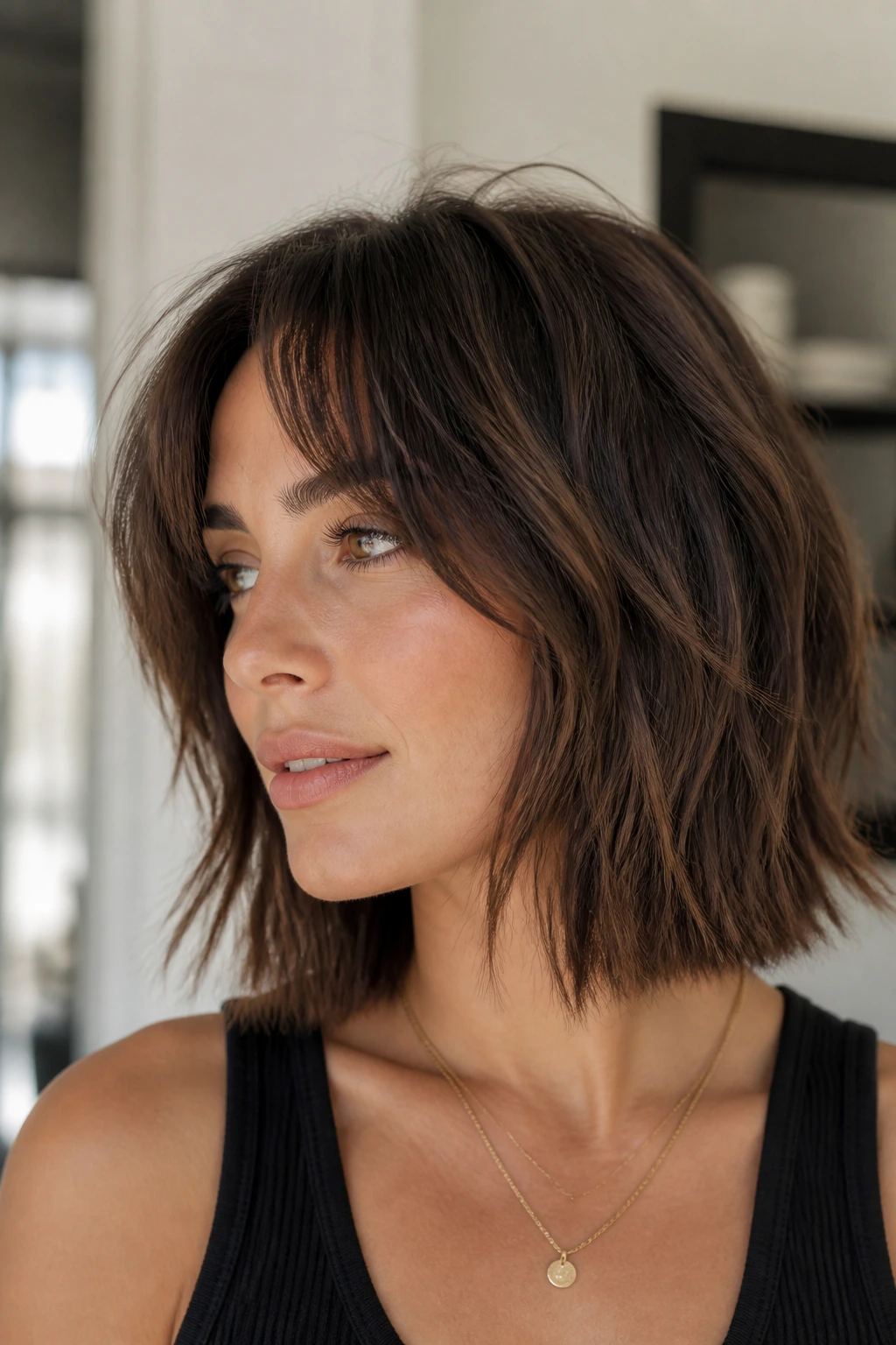 Close-up of a real woman with a long choppy lob and face-framing bangs in bright indoor setting