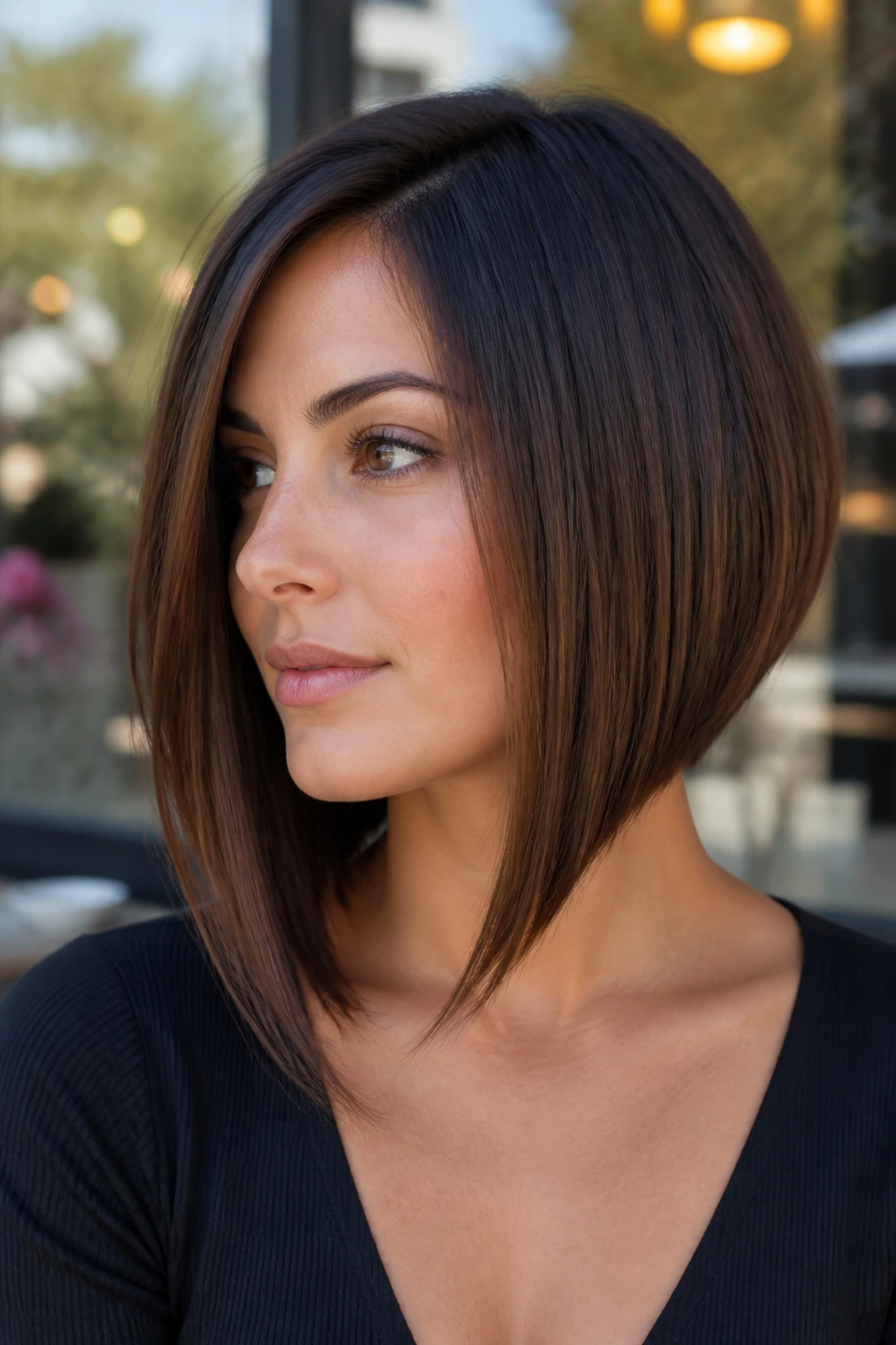 Close-up of a real woman with long front pieces hugging the jawline in a long bob.