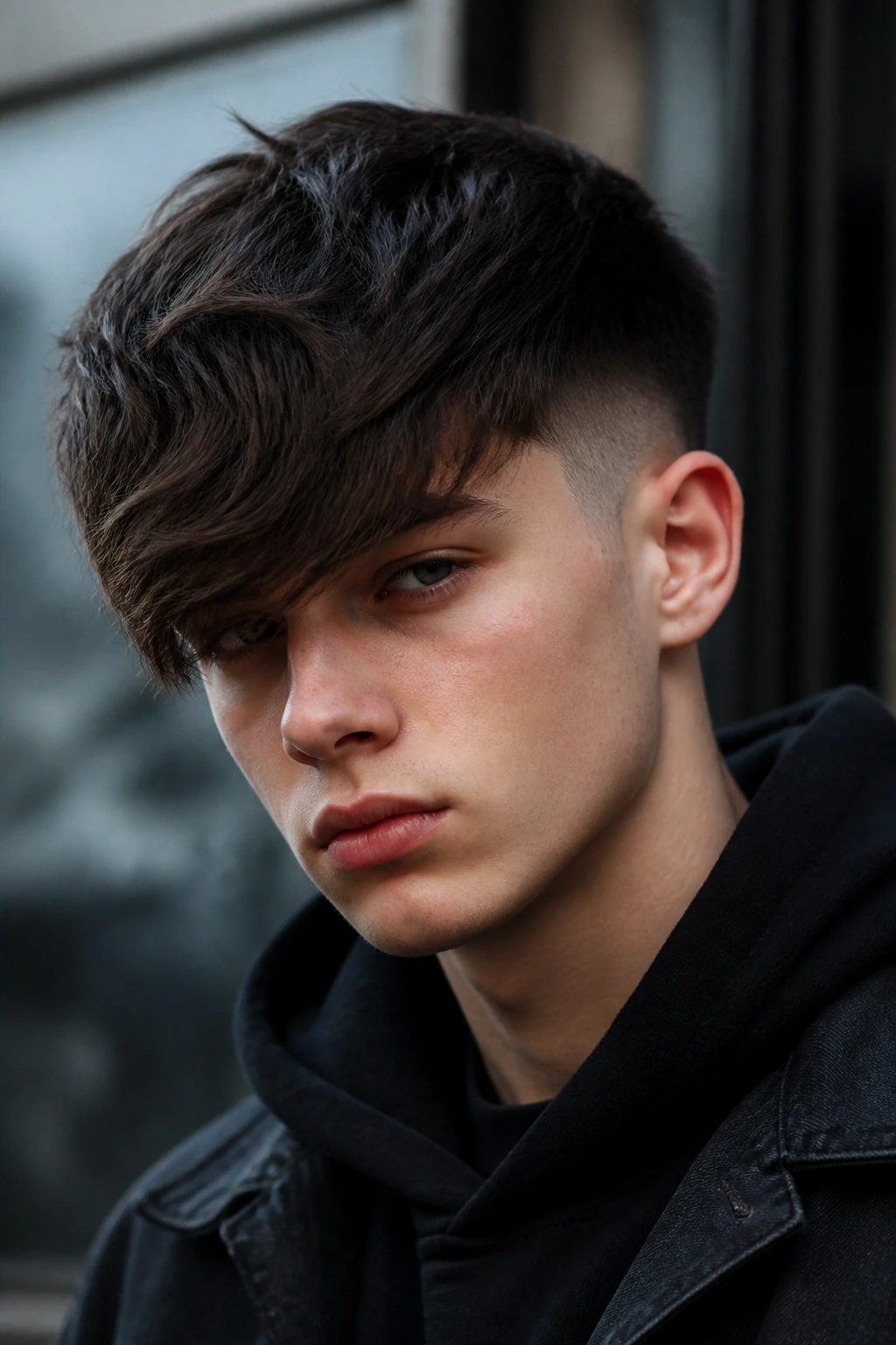 Teen with long fringe fade in moody urban setting