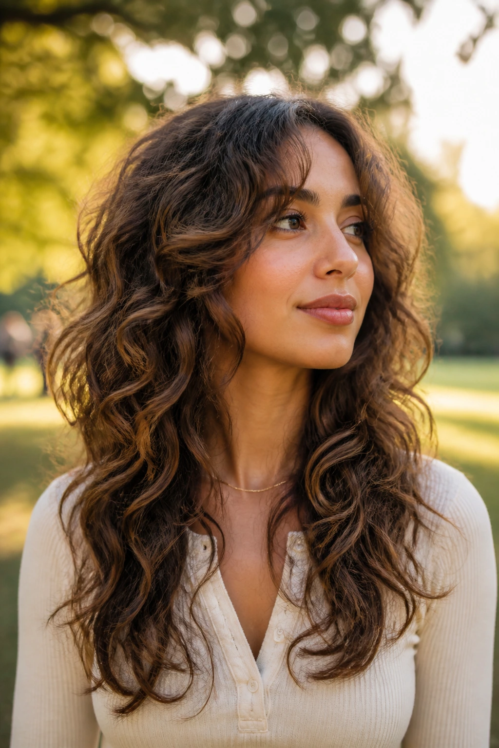 Medium close-up of a real woman with long layered butterfly wave hairstyle.