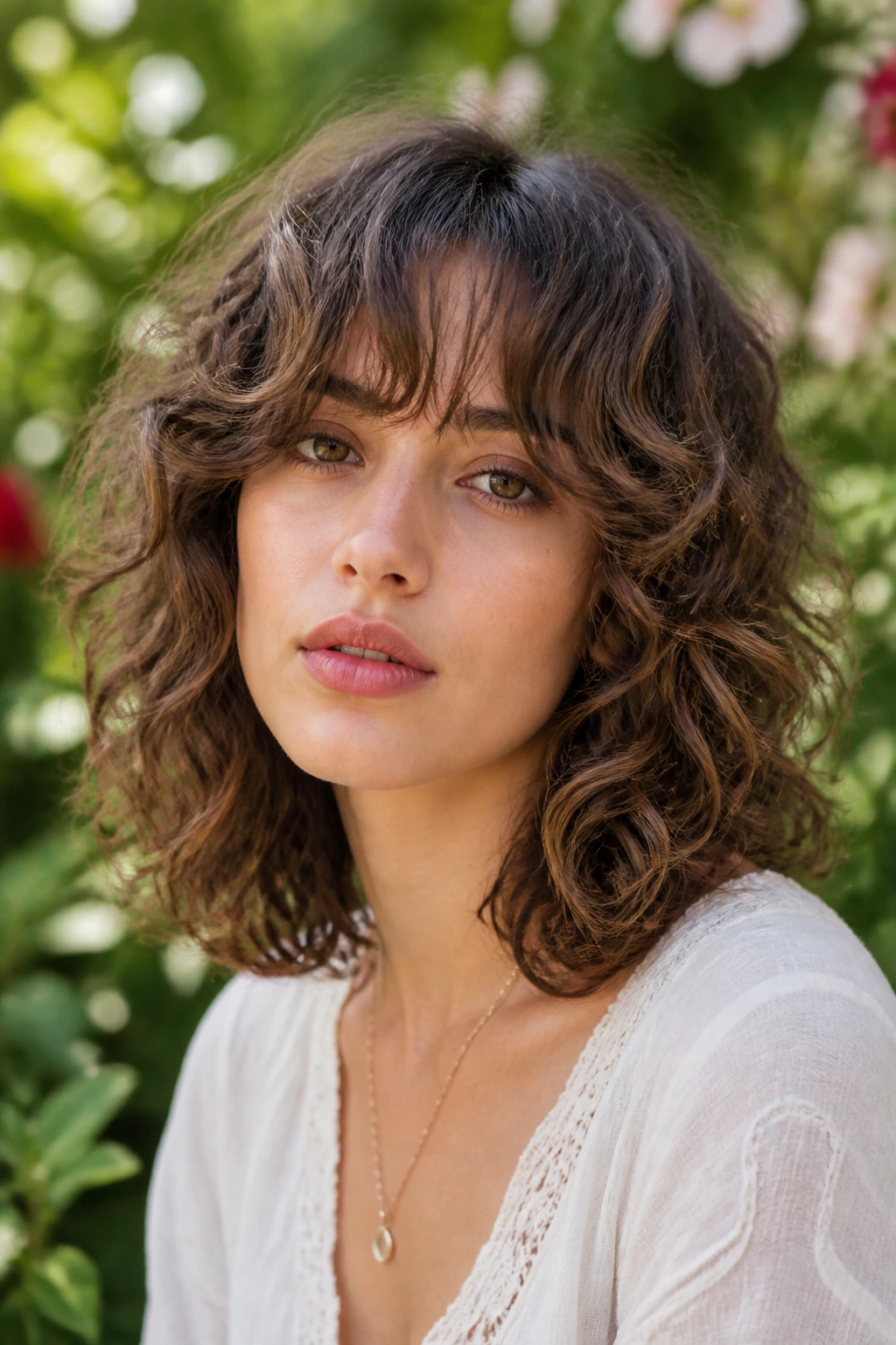 Portrait of a real woman with a long layered curly bob and curtain bangs in a sunlit garden.
