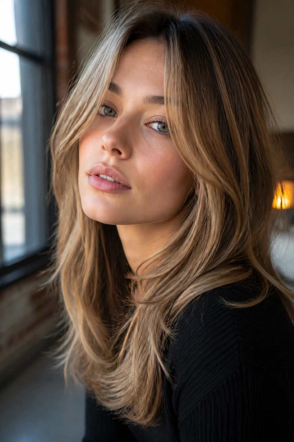 Close up of a woman with long layered cut and face framing pieces