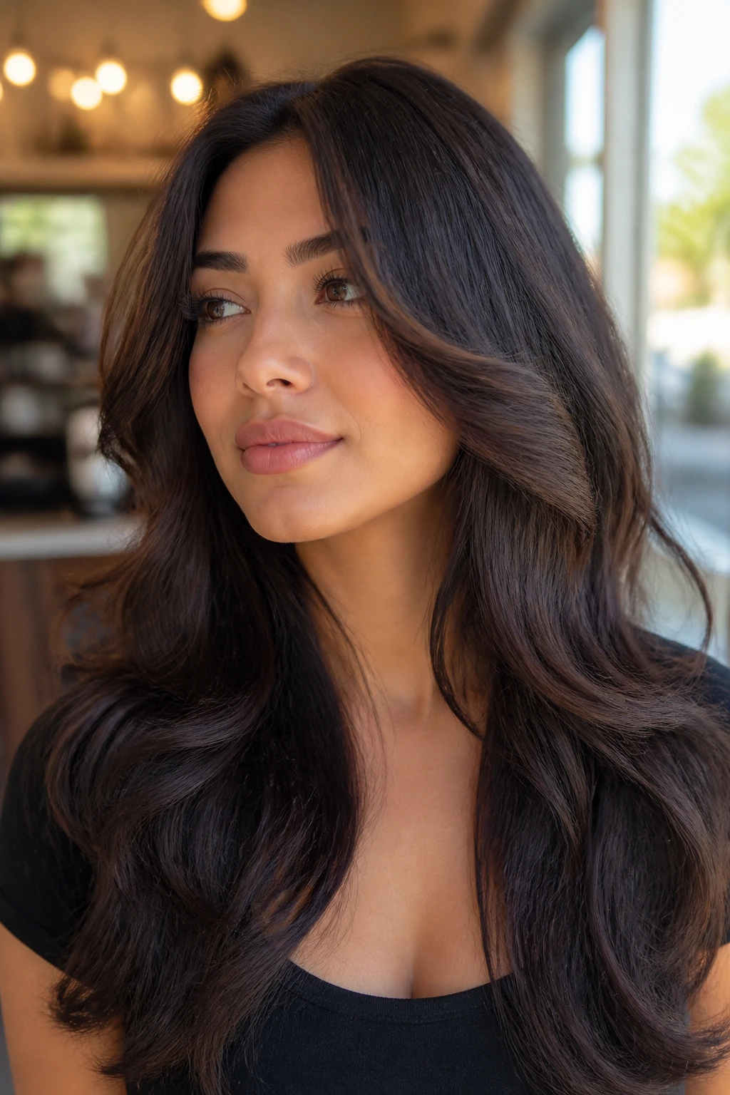 Close-up of Latina woman with long layered cut and face-framing pieces, natural waves