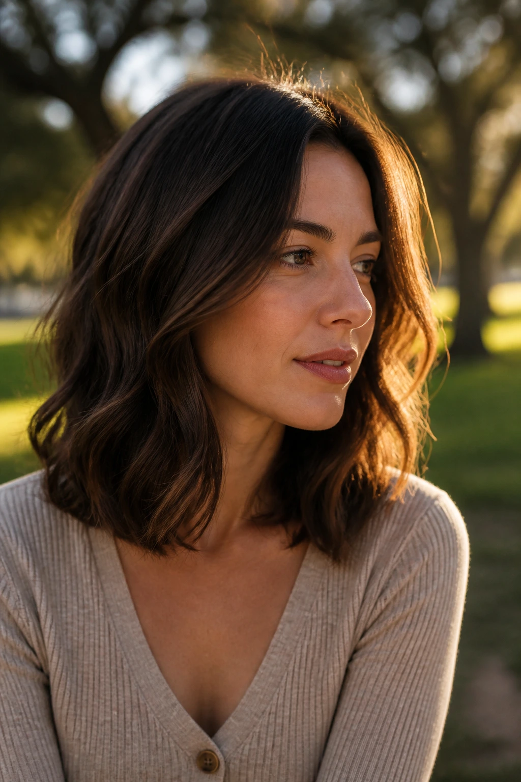 Brunette with long-layered lob showing internal thinning and soft waves.