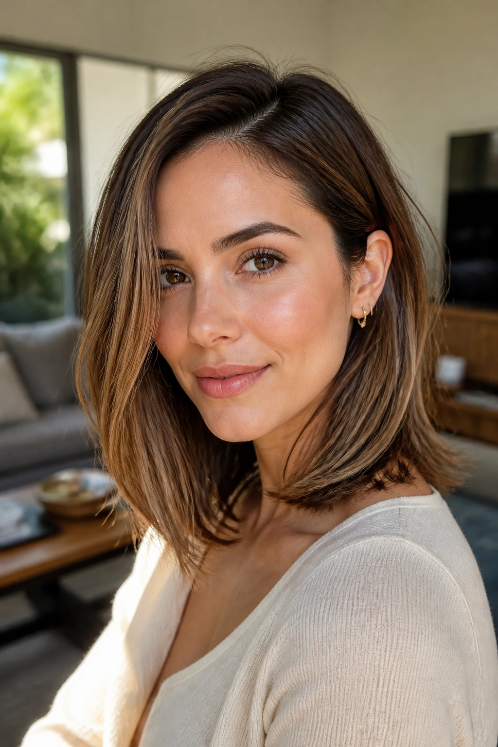 Close-up portrait of a real woman with a long layered lob showing hidden interior layers.
