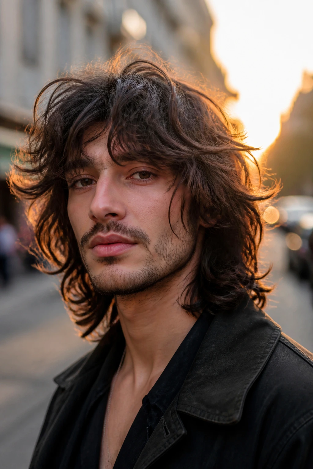 Portrait of man with long layered shag hairstyle