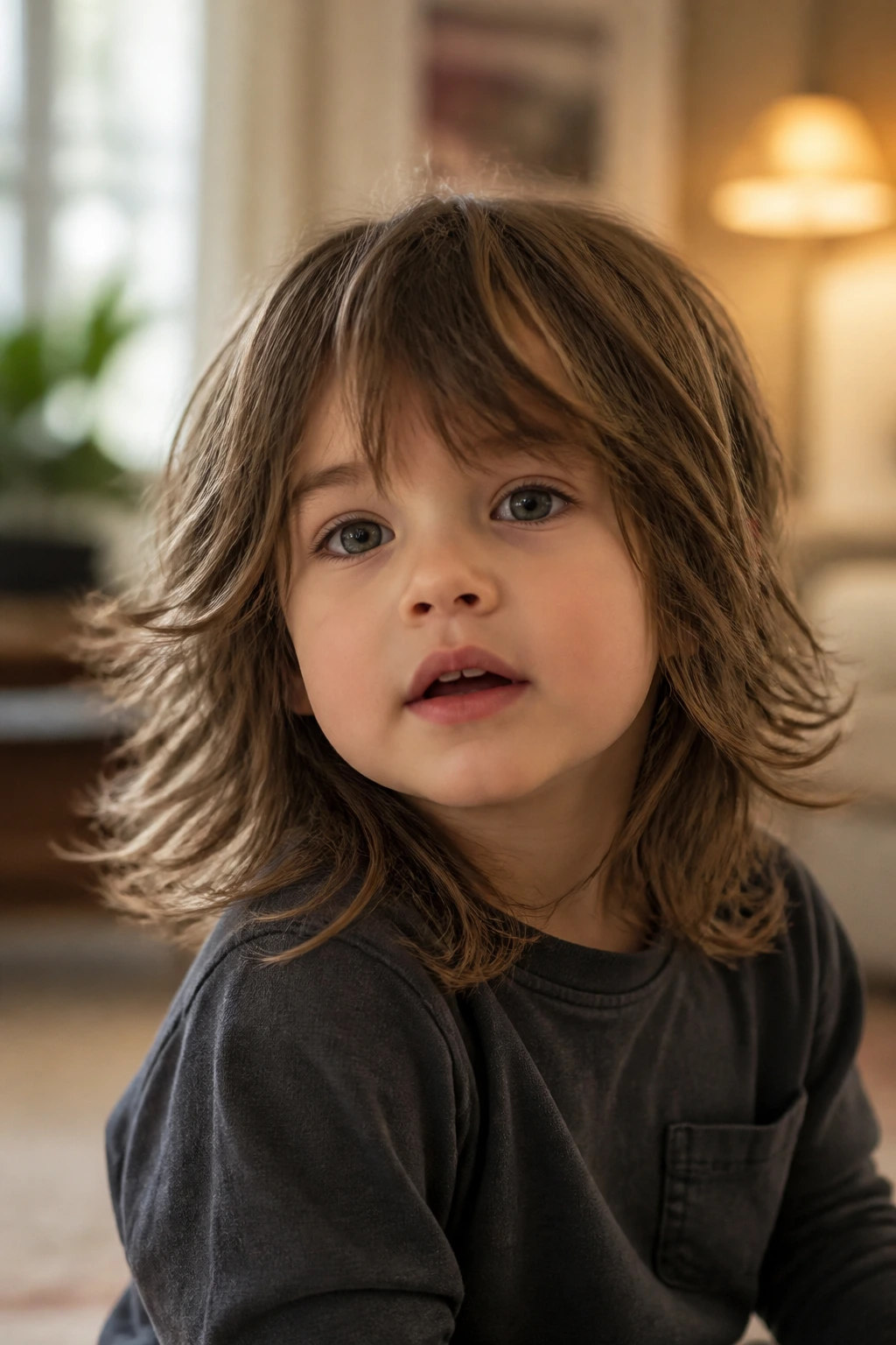 Close-up of toddler with long layered shag haircut