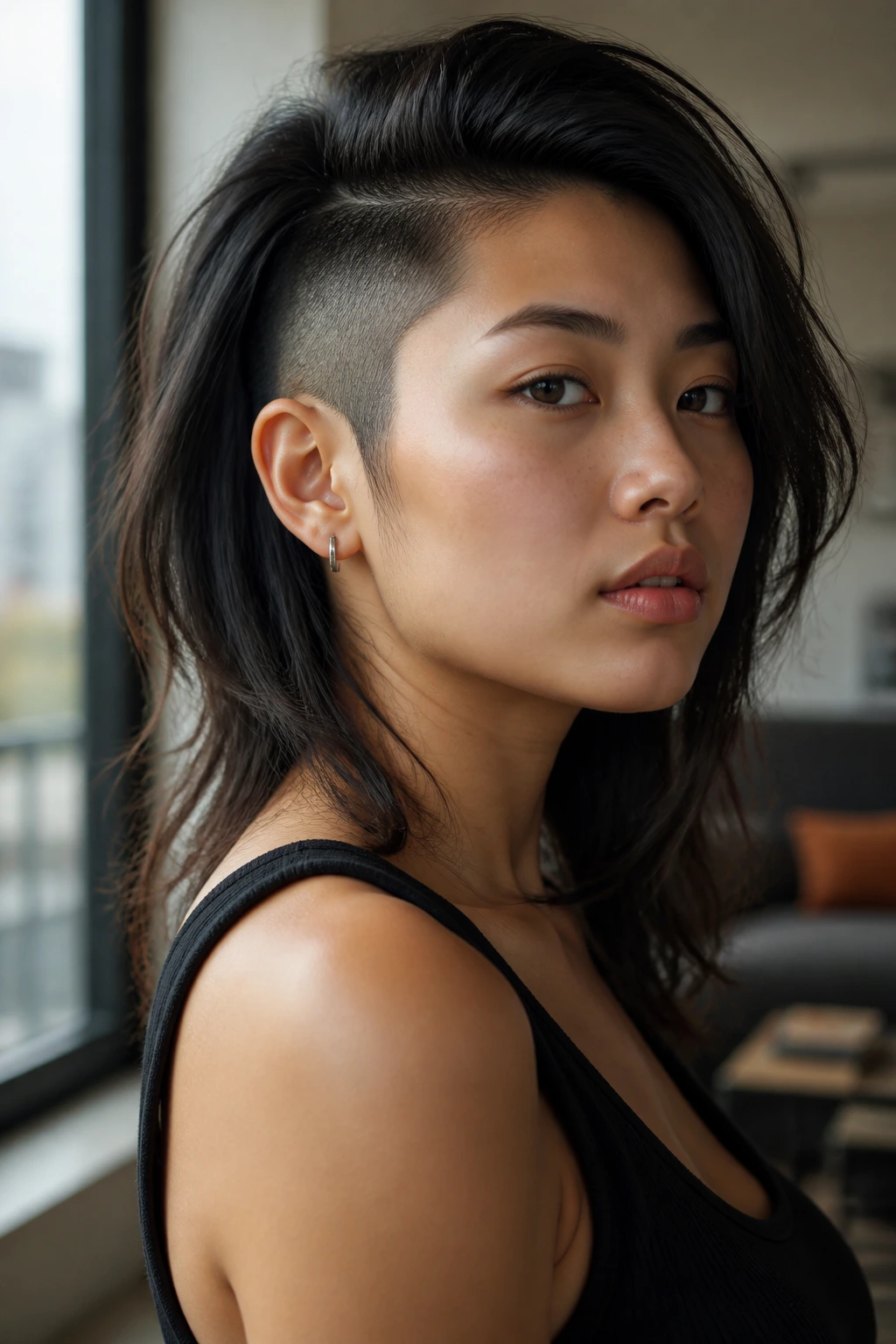 Medium close-up of an Asian woman showing shoulder-length hair with a shaved ear-side and long layered side sweep.