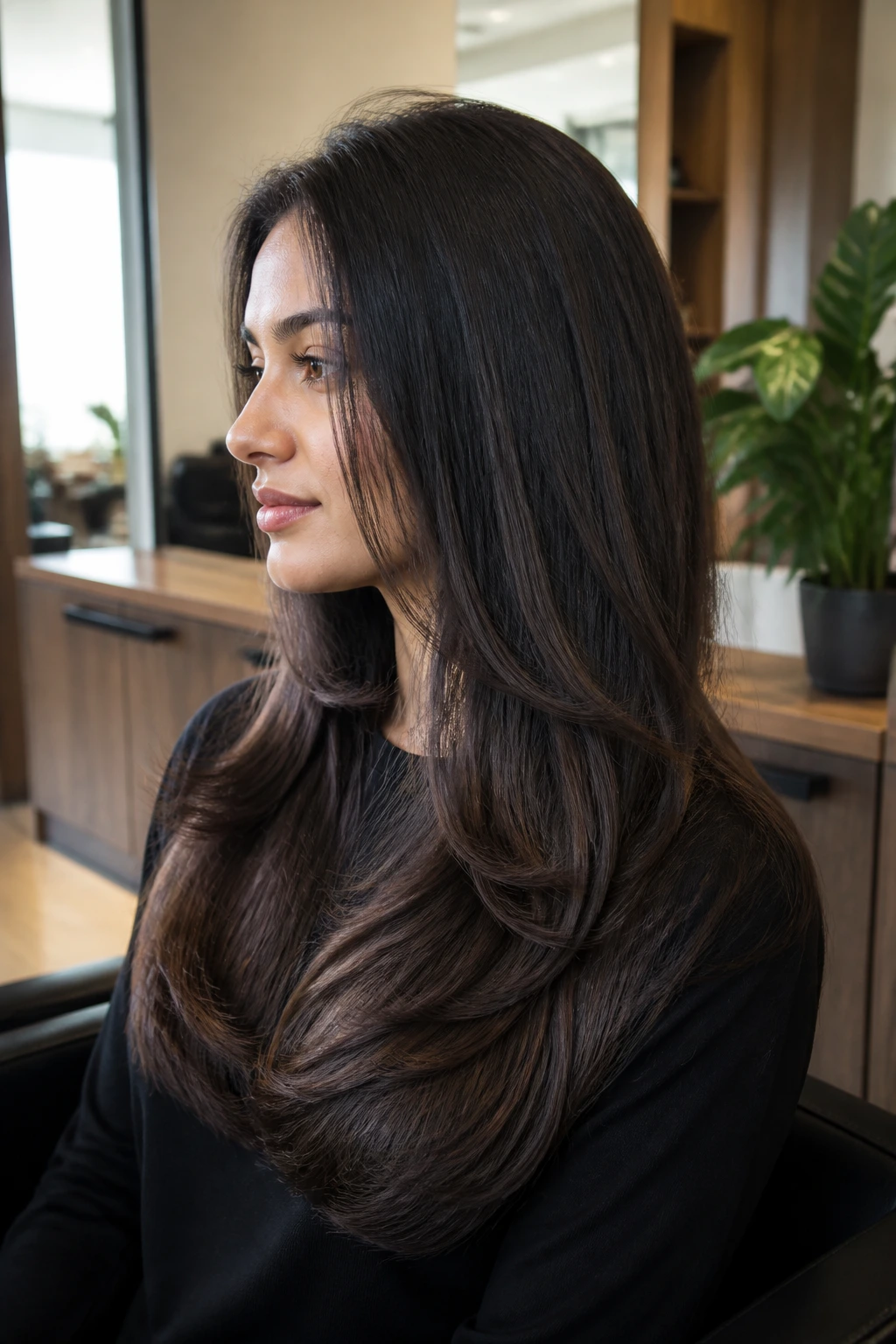 Side profile of a woman with long hair in a soft U-shaped layered cut.