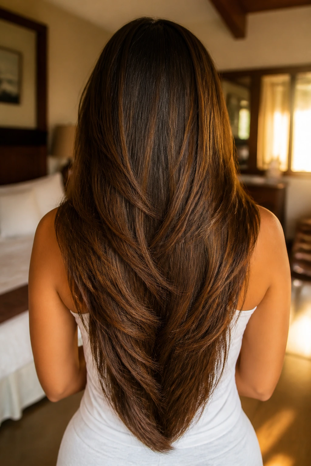 Back-of-head close-up of a real woman with a long layered V-cut hairstyle.