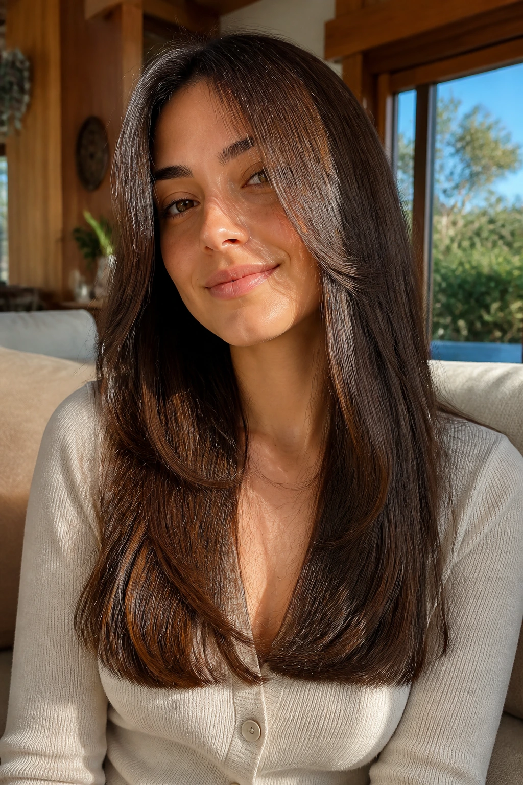 Long layered hair with blunt ends on real woman
