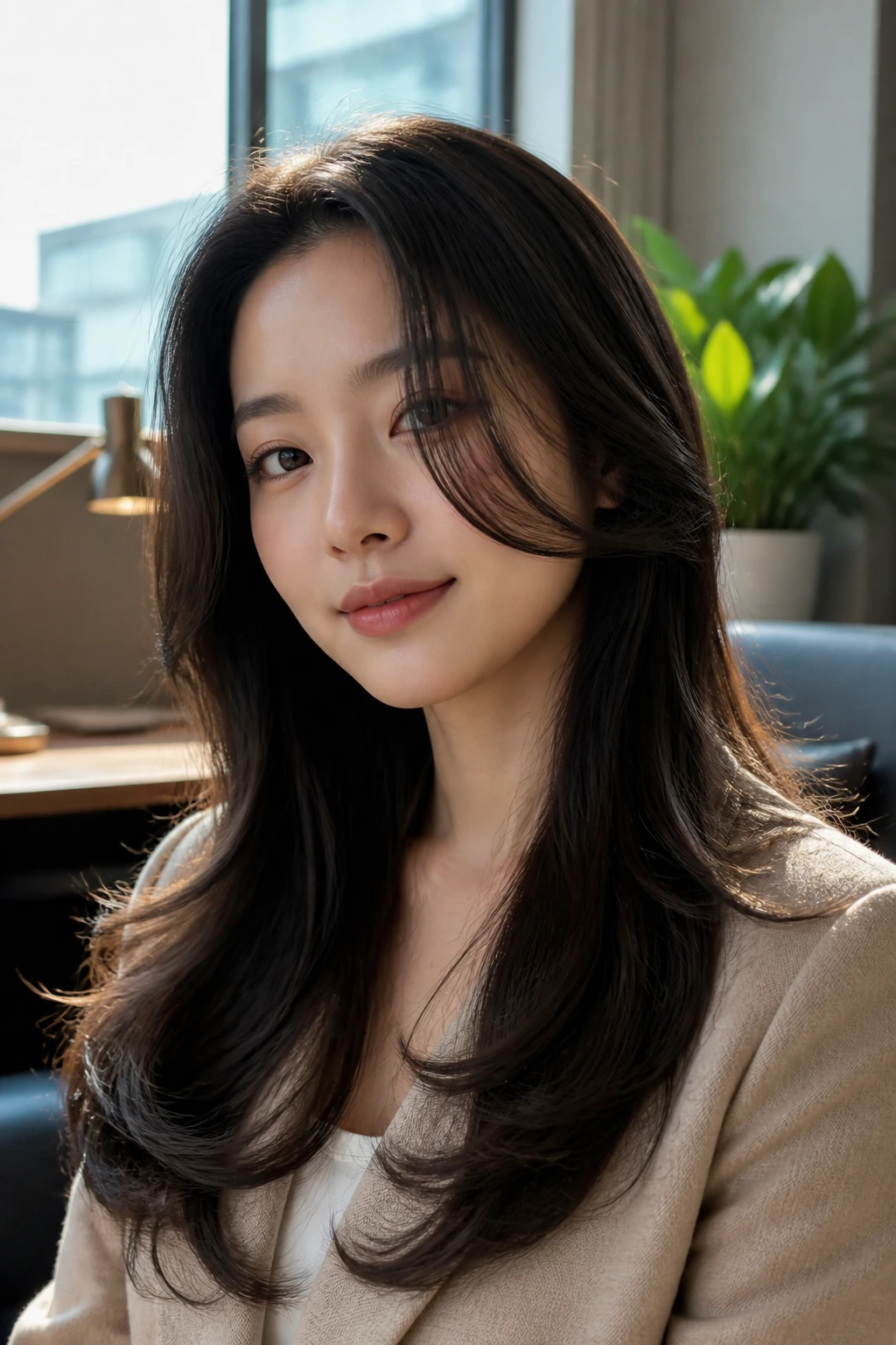Close-up of a real woman with long layered hair and curled ends in a warm office setting.