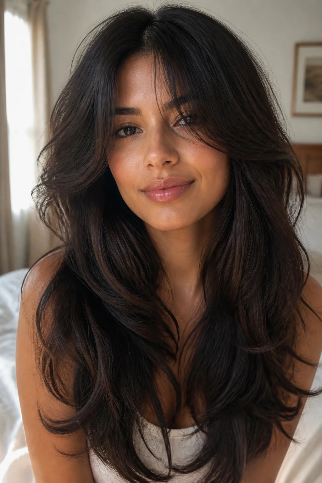 Close-up portrait of a real woman with long layered hair and curtain bangs in warm window light
