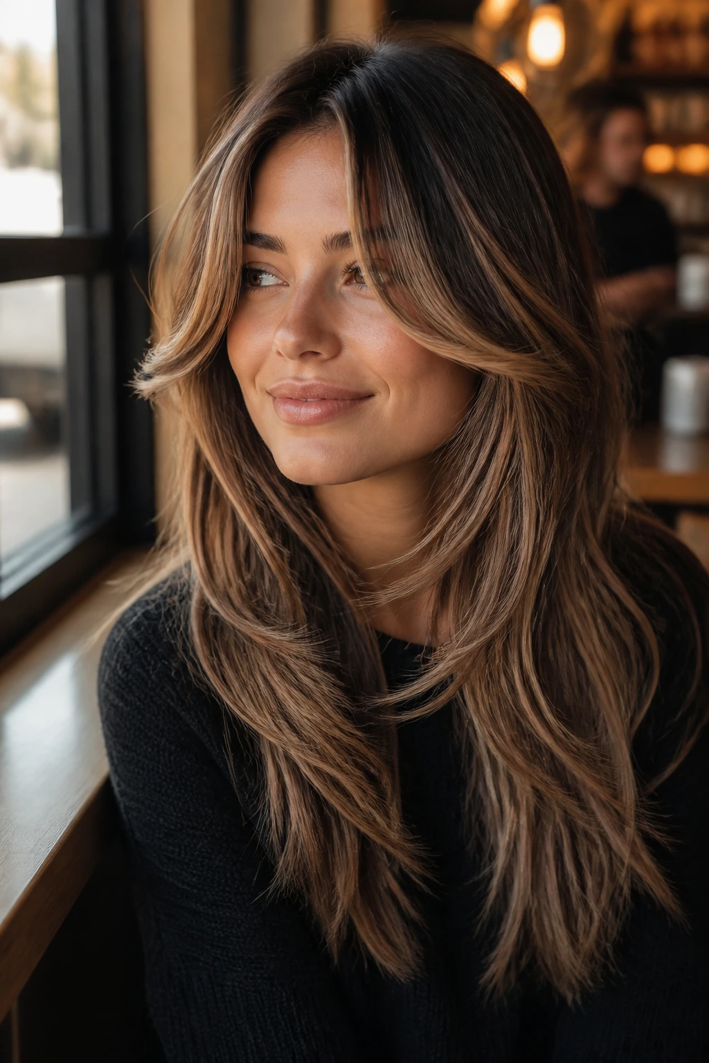 Portrait of a woman with long layers and curtain bangs by a cafe window.