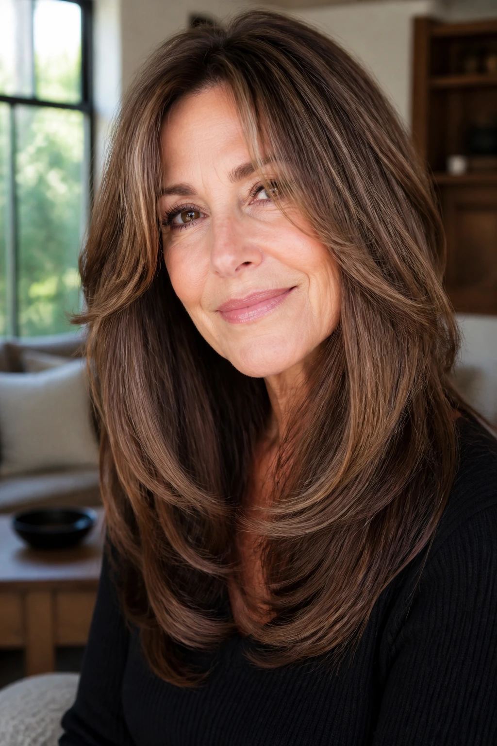 Real woman with long layers and face-framing pieces close-up