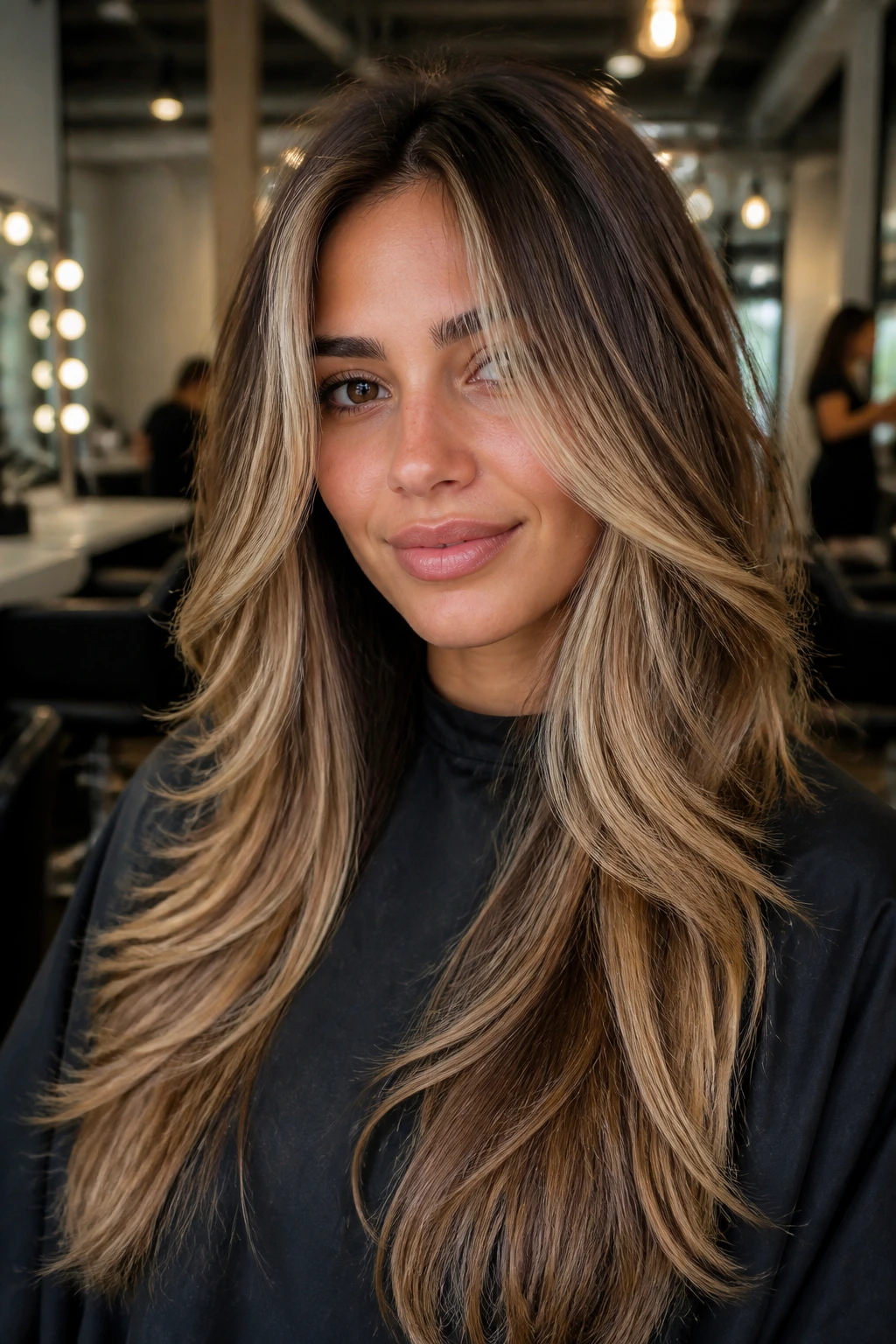 Real woman with long layered hair and heavy face-framing highlights along the jawline in salon lighting.