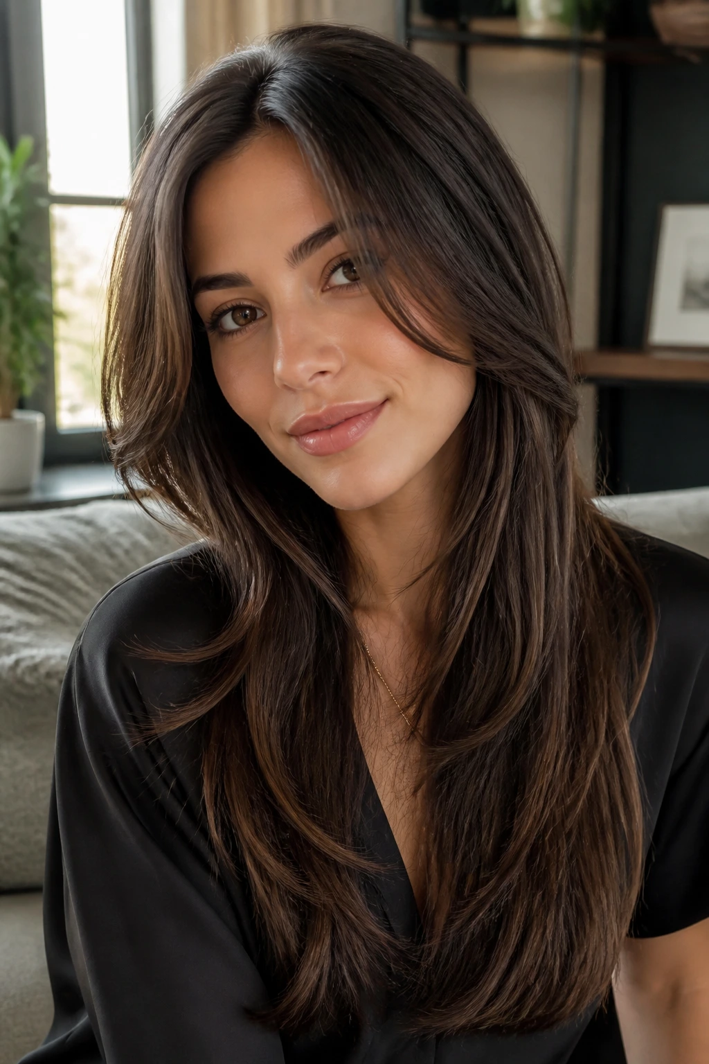 Close-up portrait of a real woman with long layers and face-framing pieces
