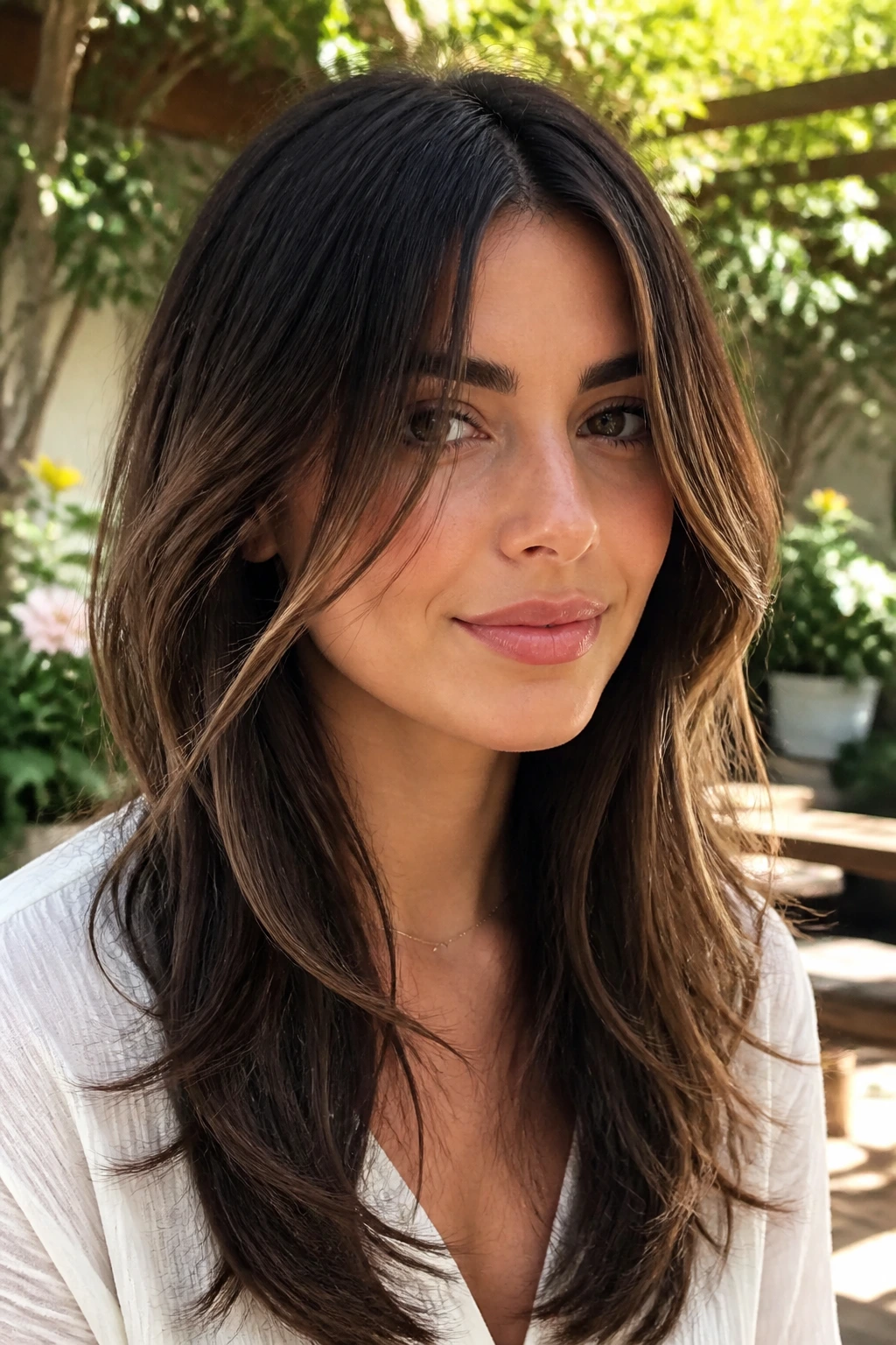 Close-up of a woman with long layers and face-framing tendrils in a sunny garden