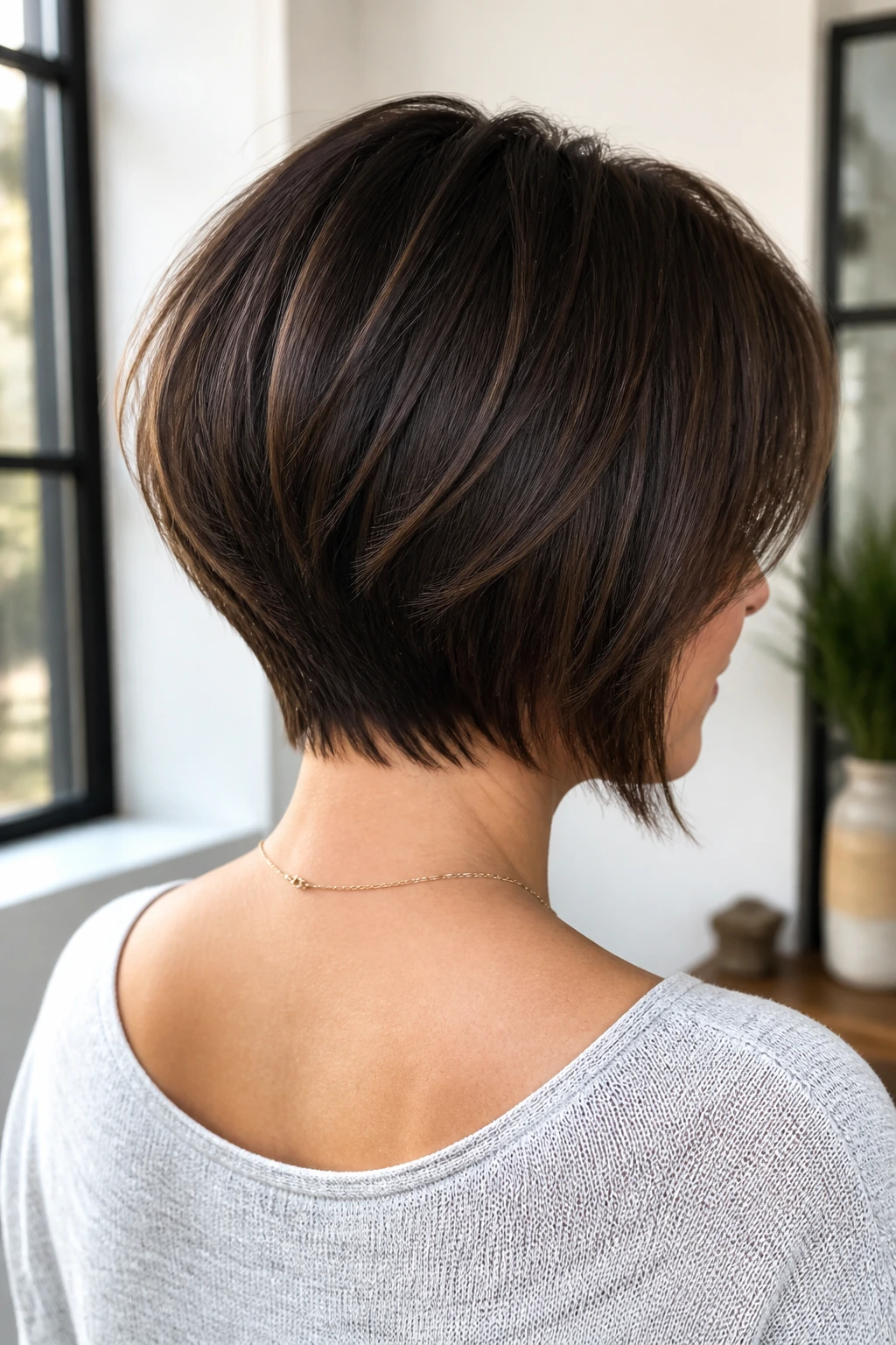 Back view of a real woman with a long-nape graduated bob