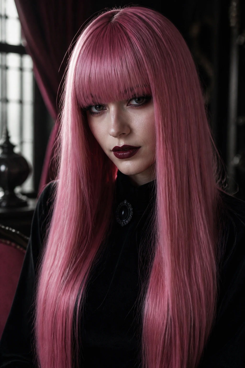 Close-up portrait of a person with long pink hair and deep bangs in a moody room.