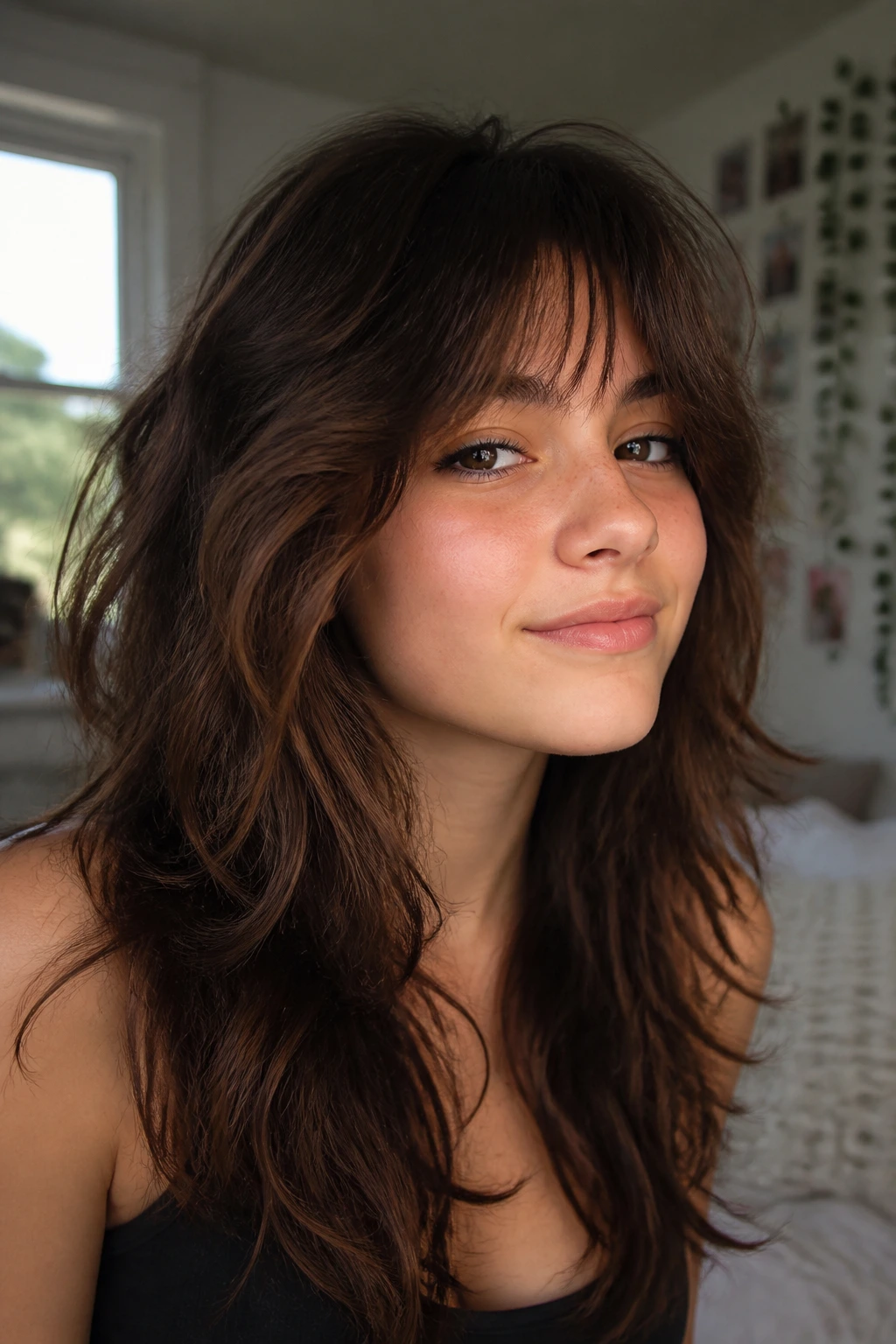 Close-up of a real teen's textured long shag with layered crown and waves