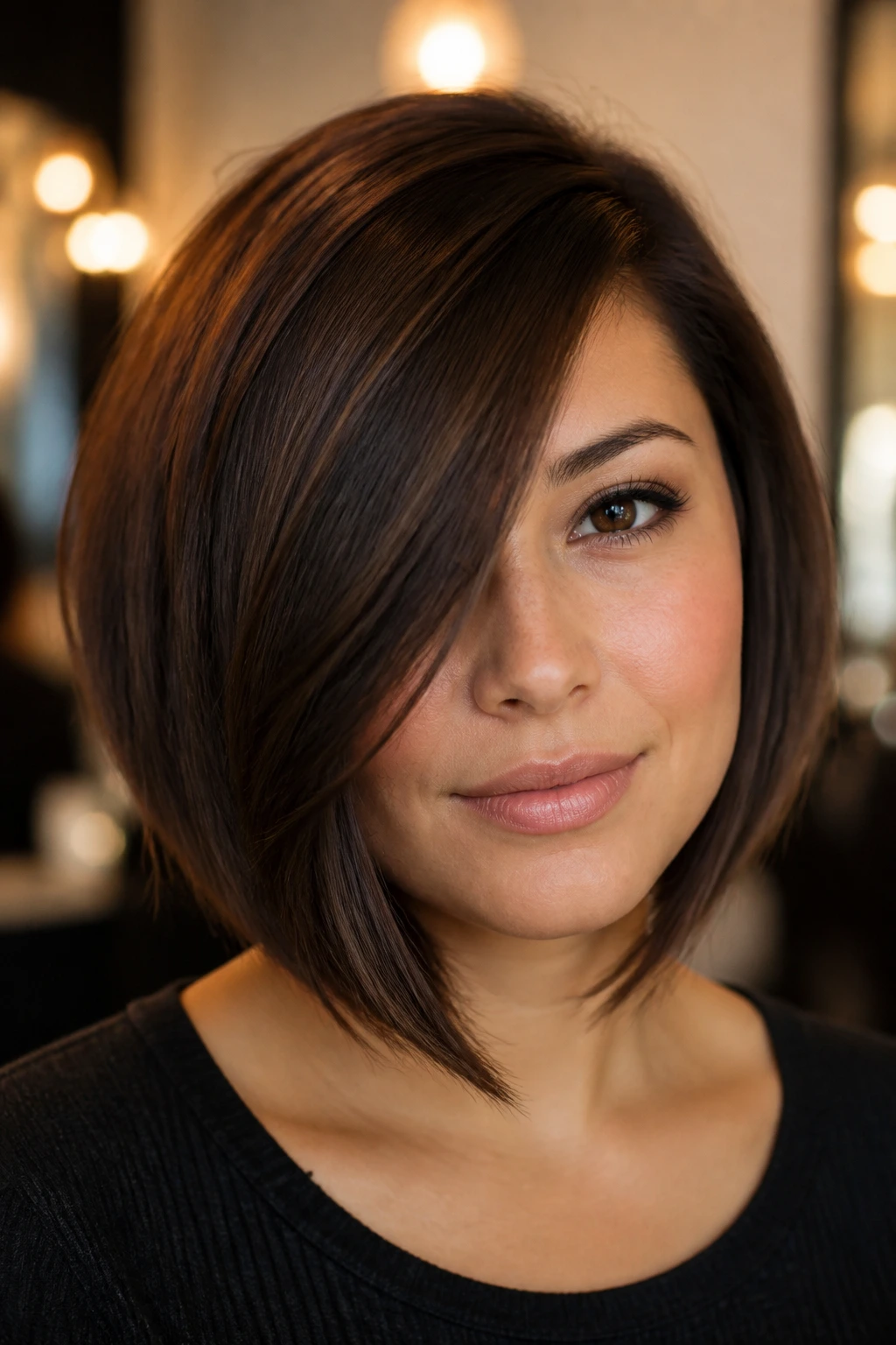 Close-up of a real woman with a long side-swept bang in an asymmetrical bob