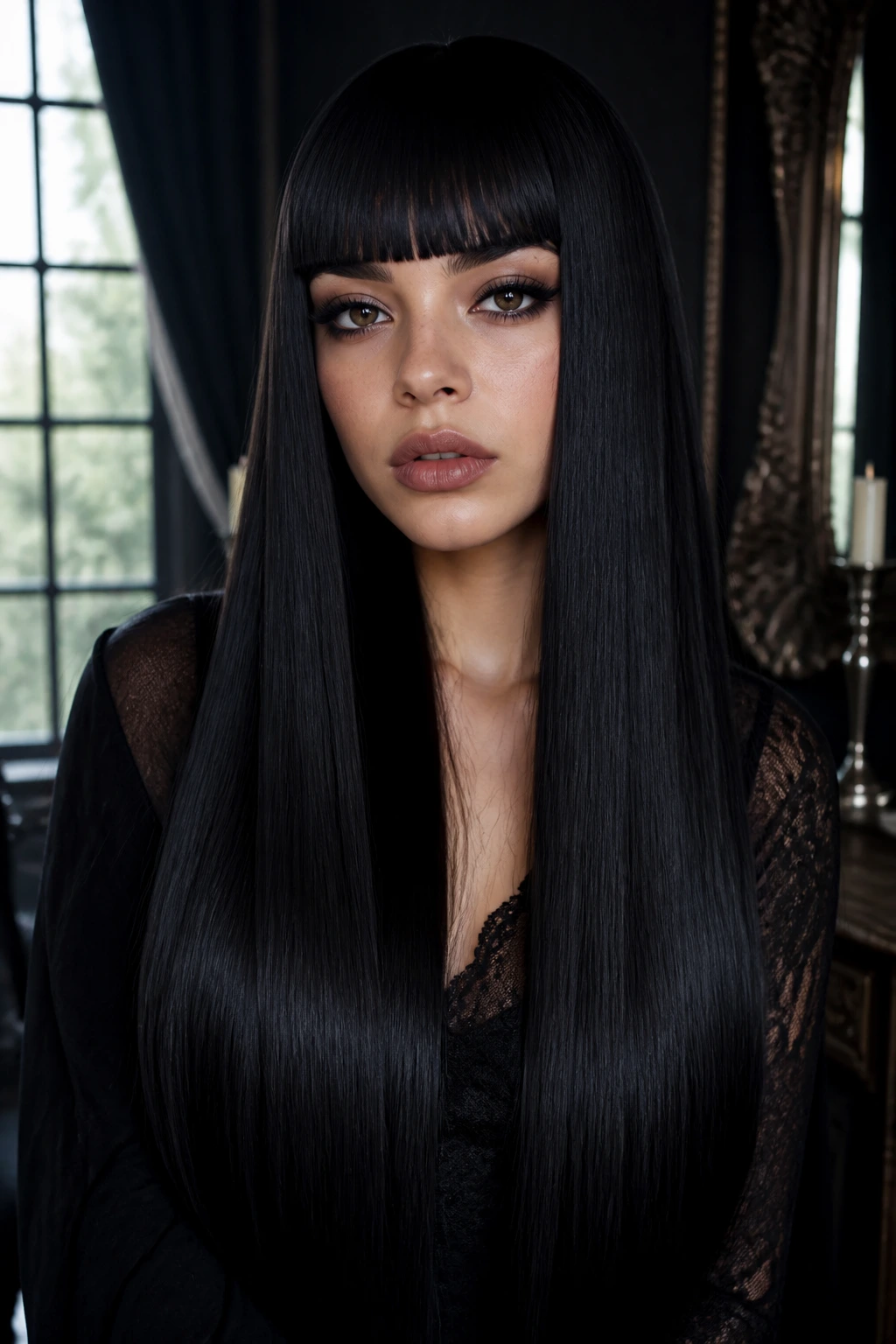 Close-up of a real woman with long straight black hair and blunt bangs in a gothic-inspired room