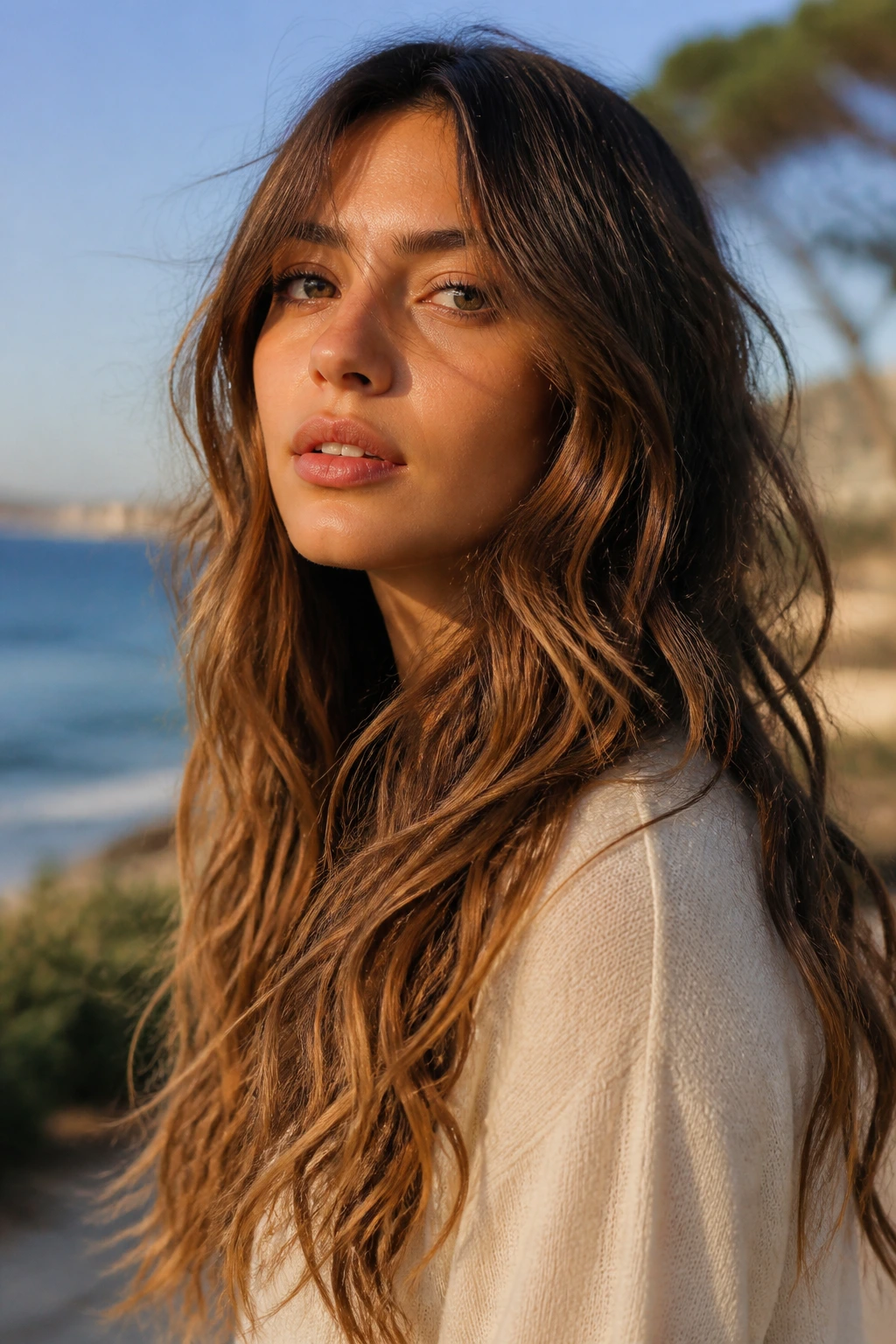 Real woman with long textured waves at golden hour