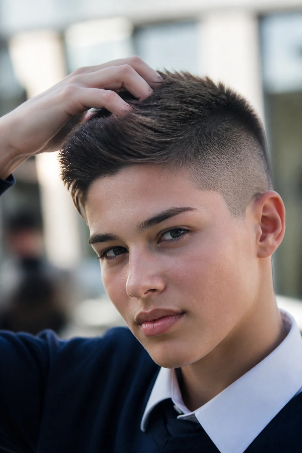 Close-up of a student with a long top buzz in a school setting