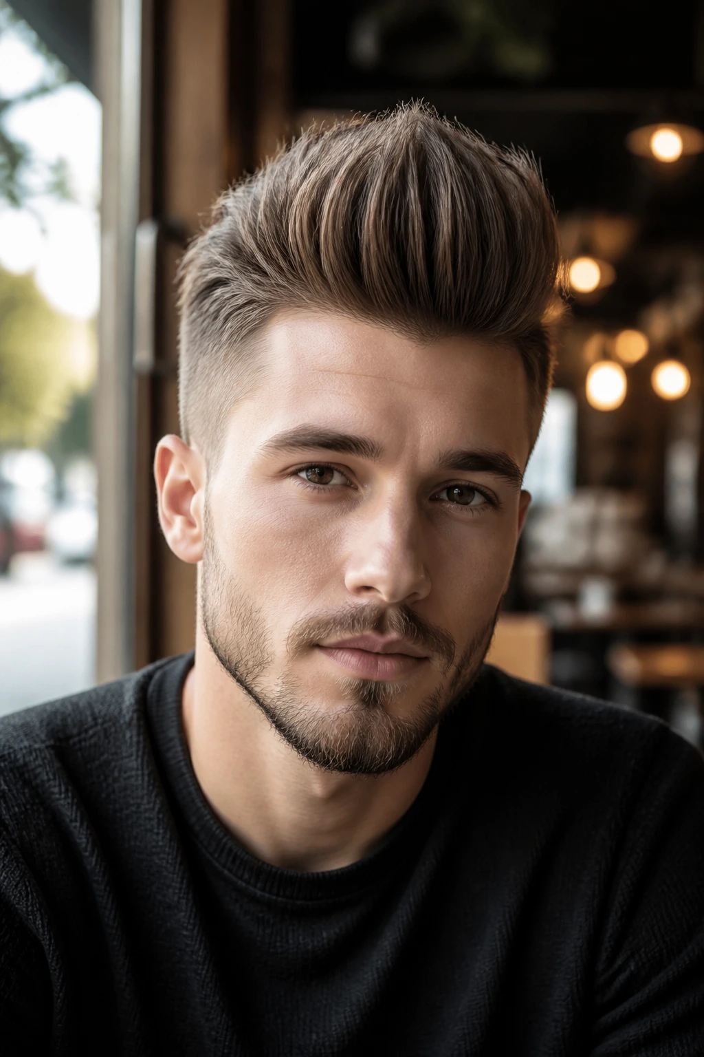 Close-up portrait of The Long Top Fohawk with a long top on a real person in a cafe setting.