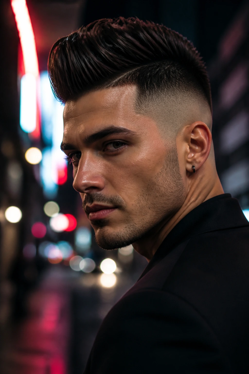 Close-up of real person with long-top high-fade mohawk