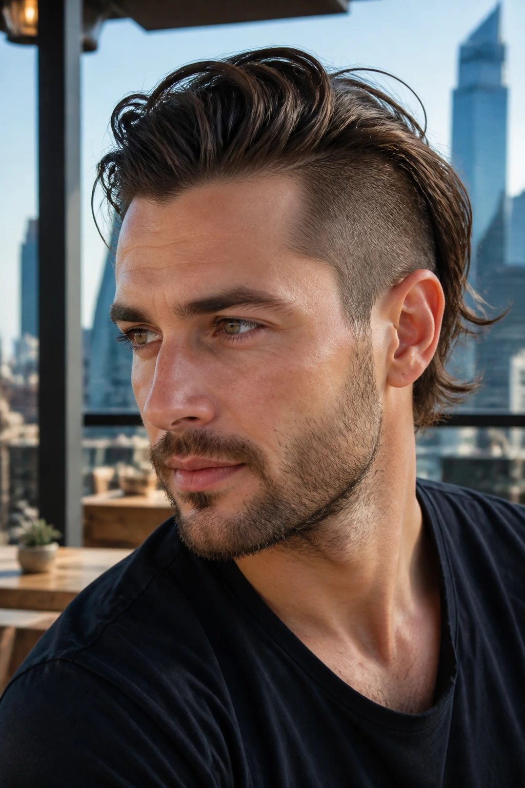 Close-up portrait of a man with long top short sides flow hairstyle in an urban setting