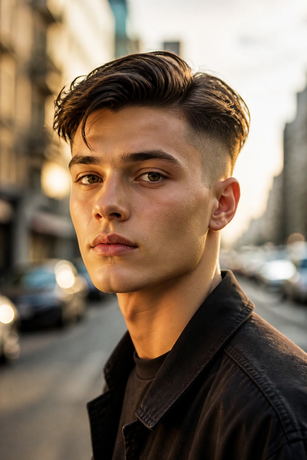 Close-up of a young man with long top and short sides hairstyle on an urban street