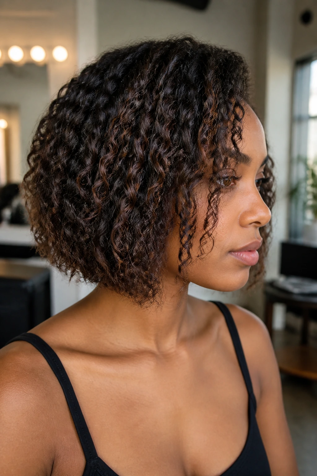 Portrait of a real person with a chin-length bob transitioning toward a longer lob, showing growing layers.
