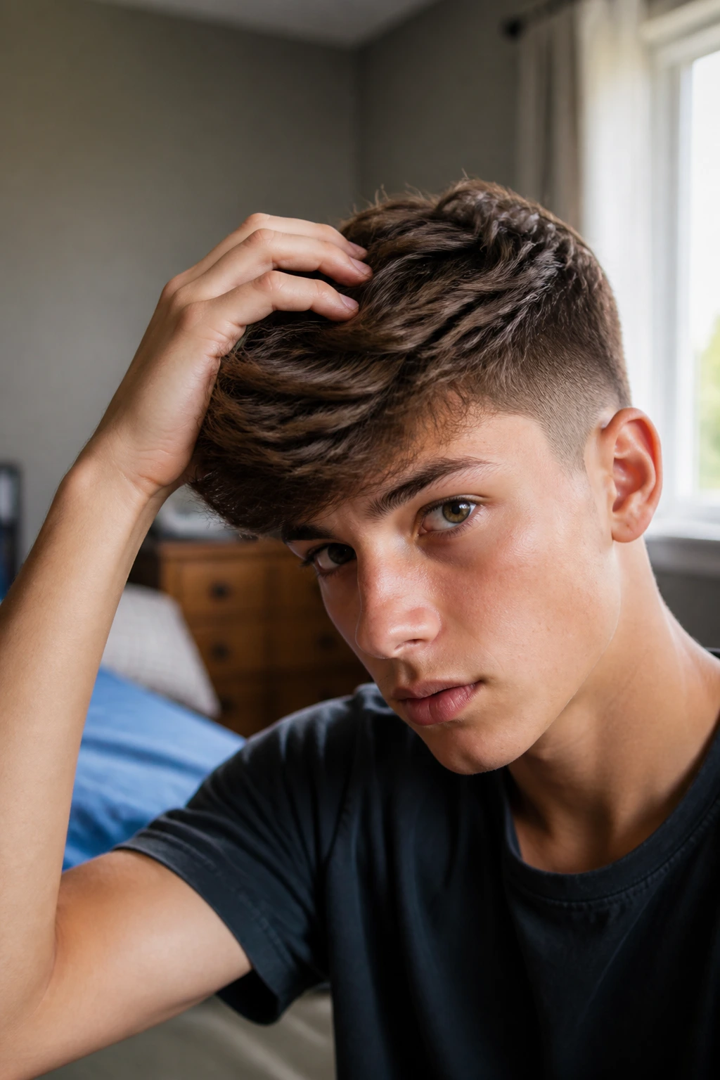 Teen with neatly styled hair adjusting his look in a cozy bedroom.