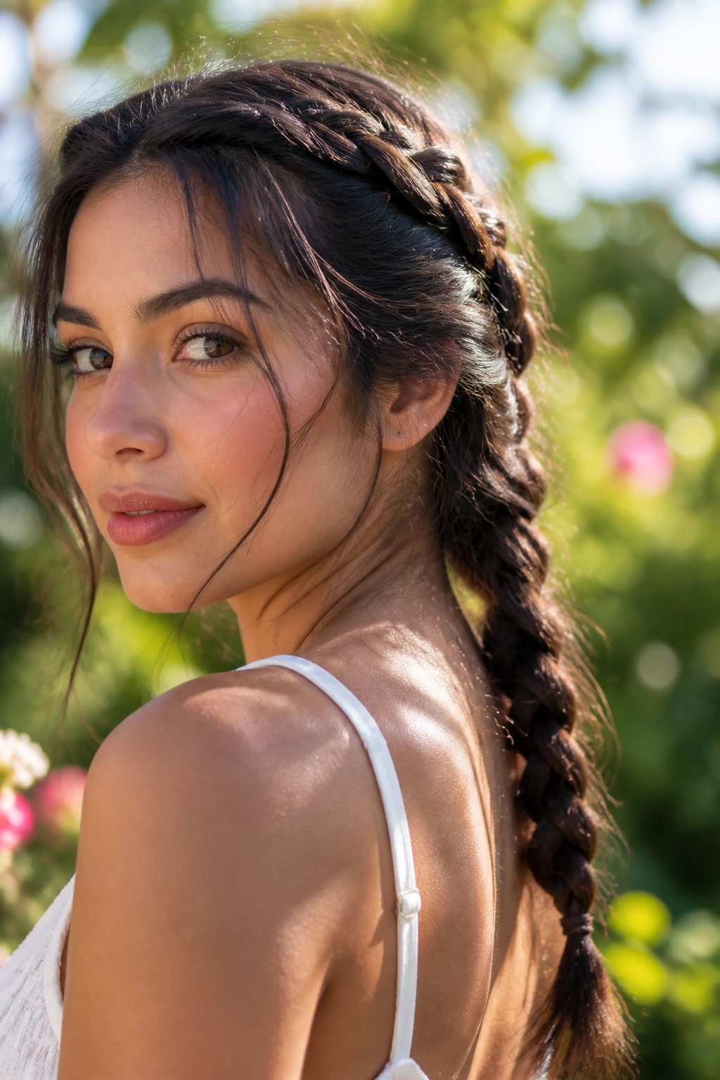 Close-up of real Latina woman with two loose bohemian braids in sunlit garden
