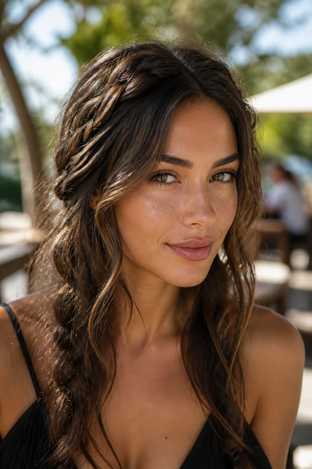 Woman with loose boho braids in soft natural light.