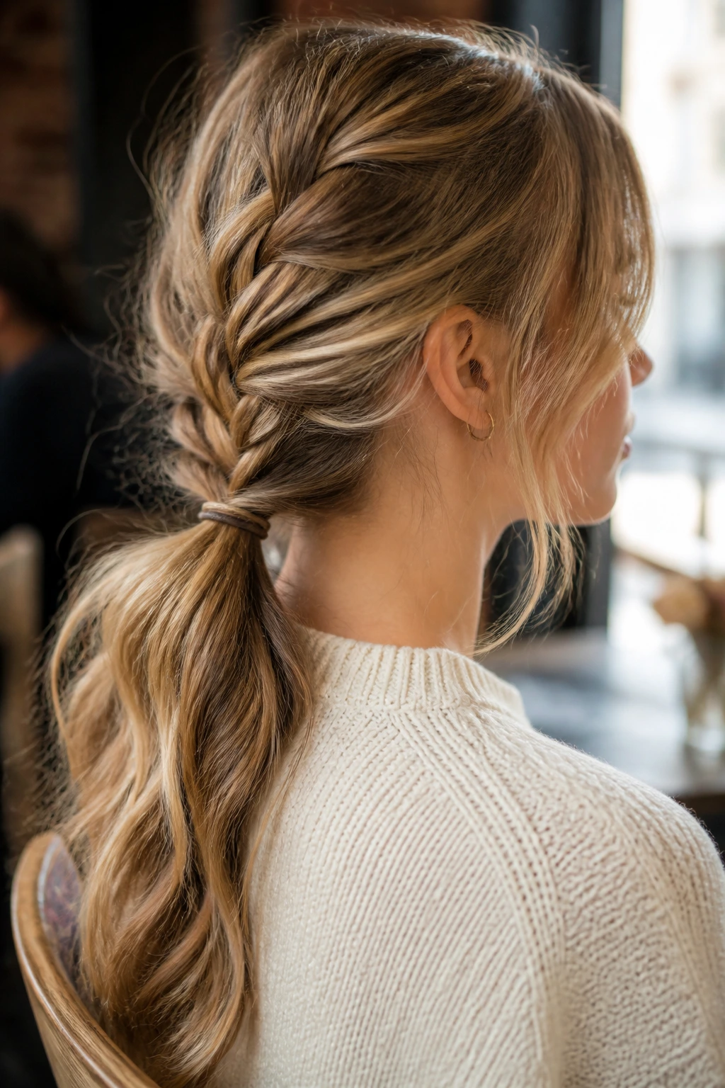 Close-up of a real woman with a loose center braid in a low ponytail