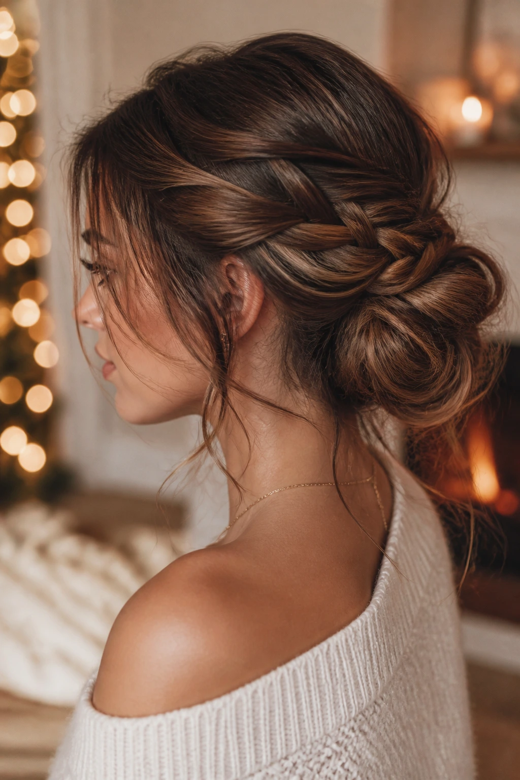 Close-up of a woman with a loose braided bun at the back