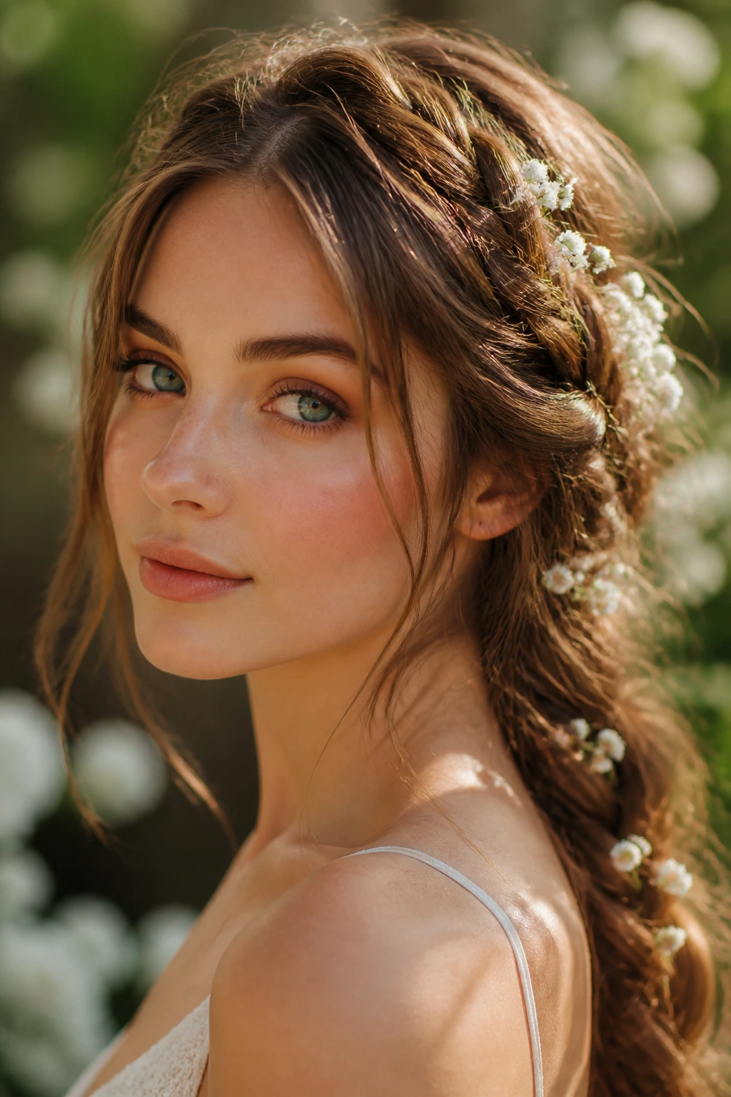 Close-up of a real woman wearing loose braids with tiny flowers in her hair outdoors