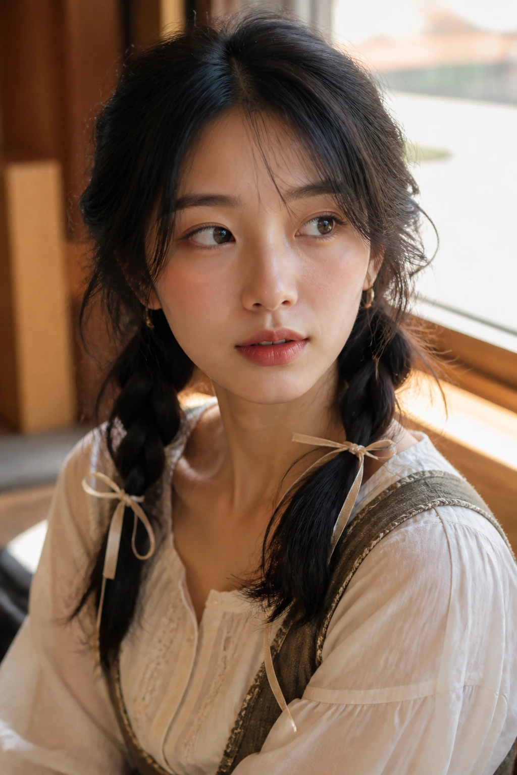 Close-up of a real woman with two loose braids and ribbon ties in a cafe setting