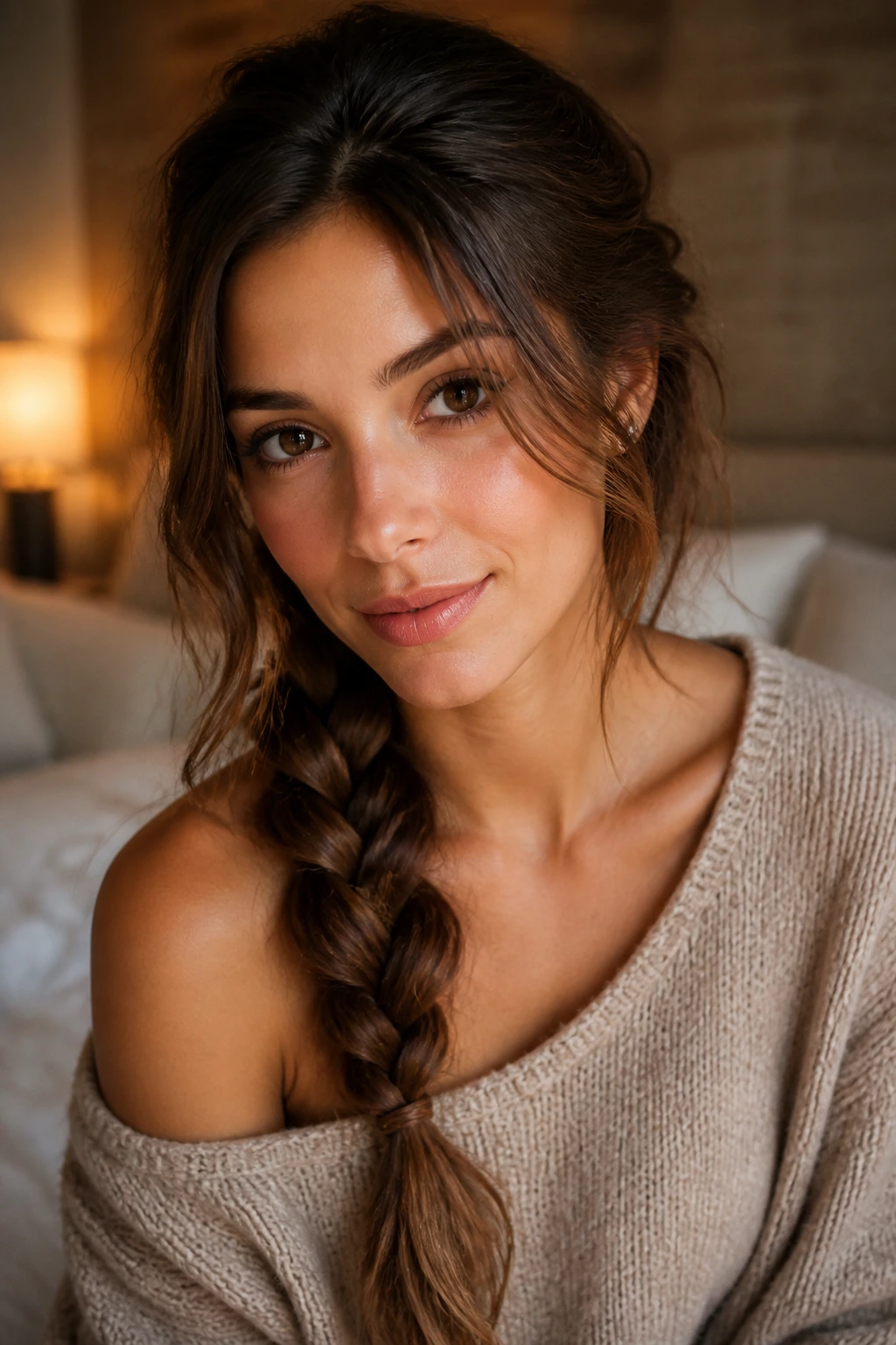 Real woman with a loose side-braid, soft pieces framing her face