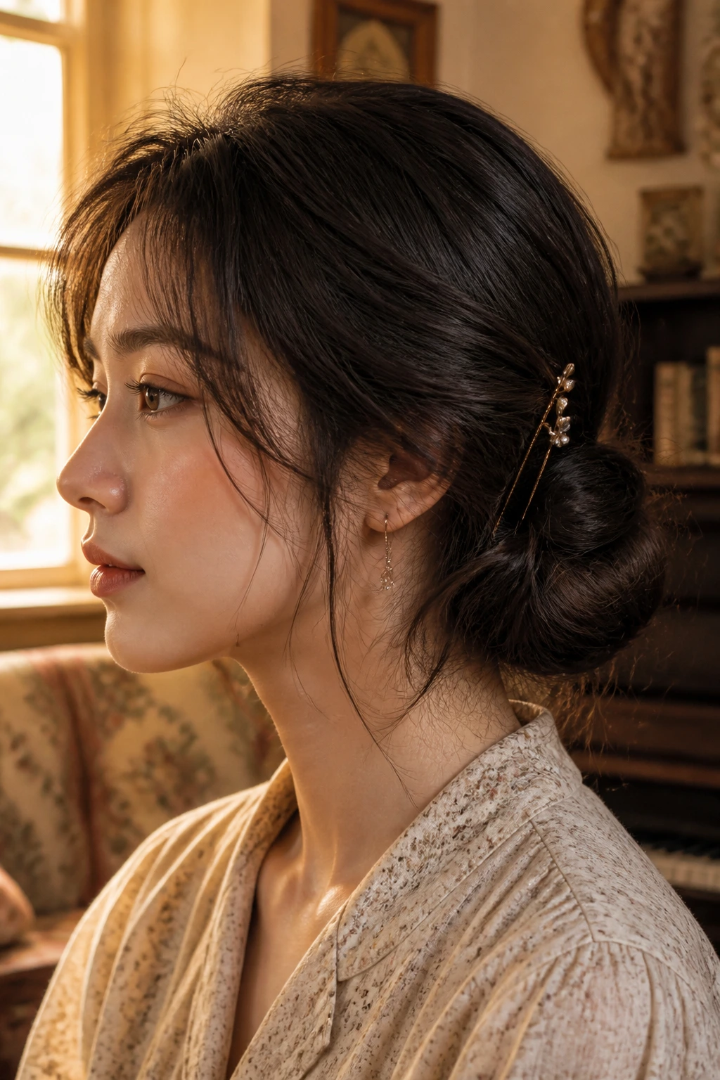 Close-up of a woman with a loose side bun secured by hairpins in a sunlit cottage setting.