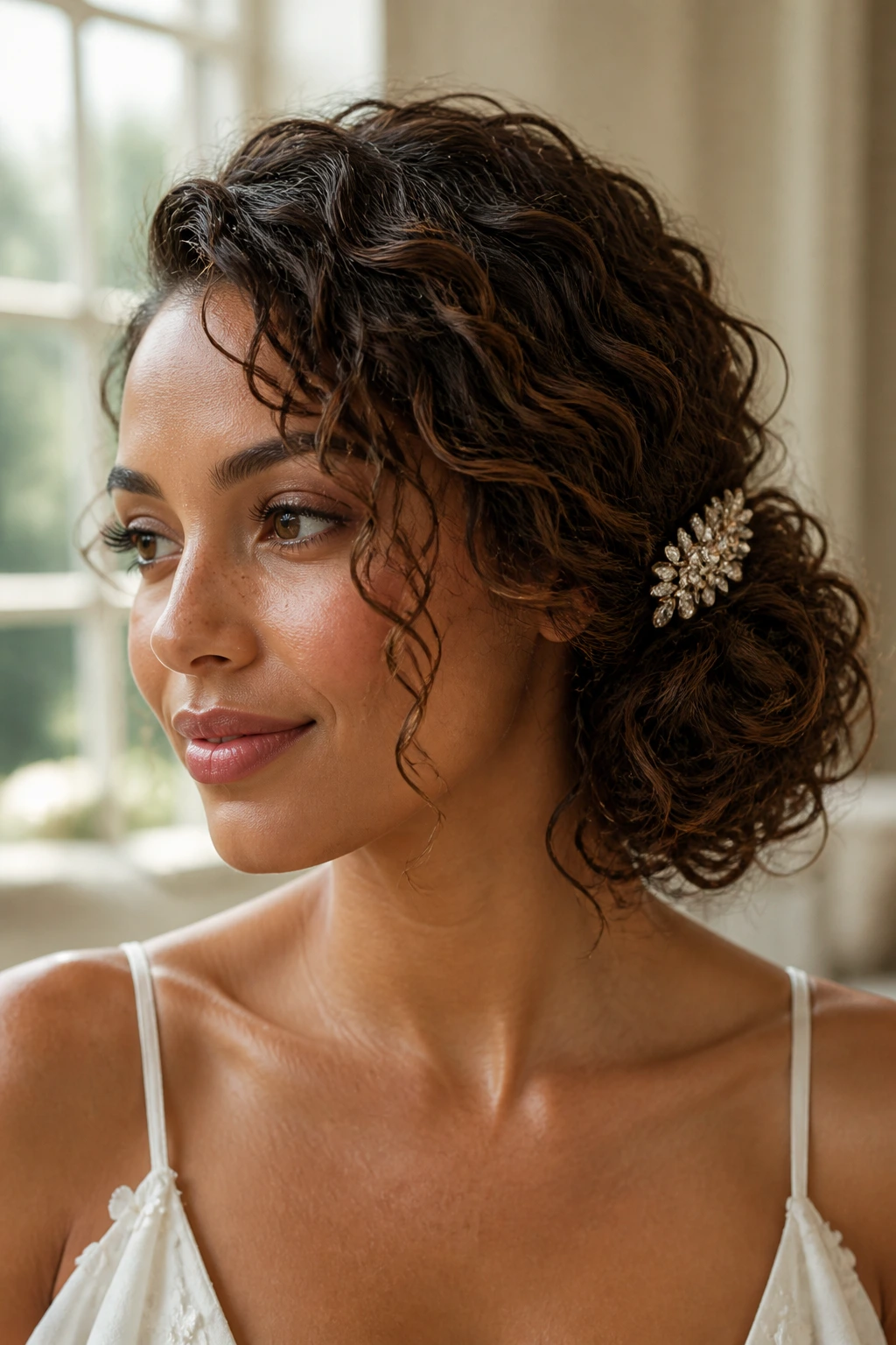 Close-up of a real woman with a loose side chignon and a jeweled comb.